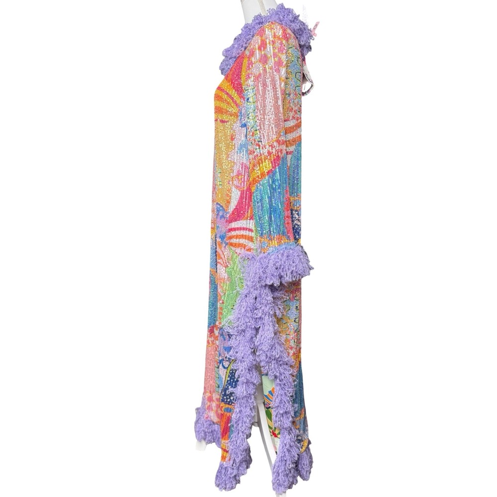 Celia B Raffaella Sequin Fringe Maxi Dress Colorful Statement Size S - Picture 3 of 8